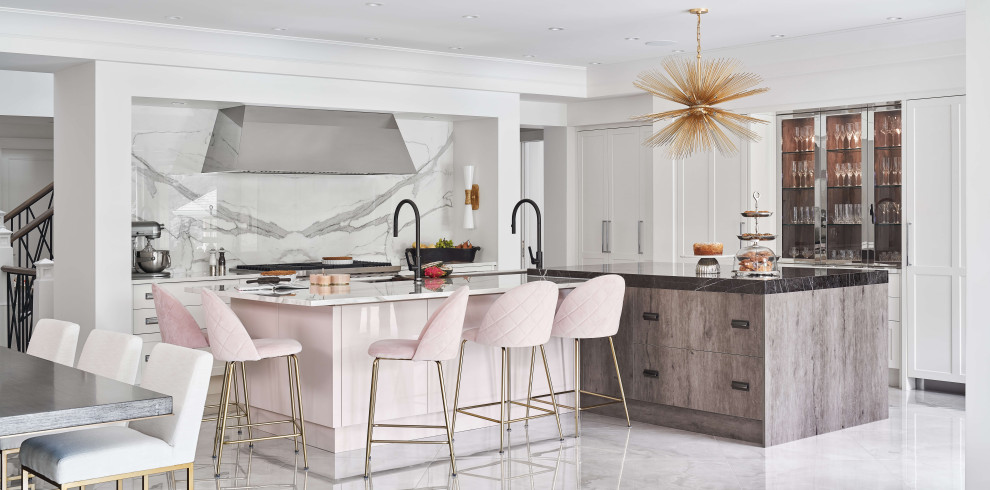 Eat-in kitchen - large contemporary l-shaped eat-in kitchen idea in Ottawa with two islands