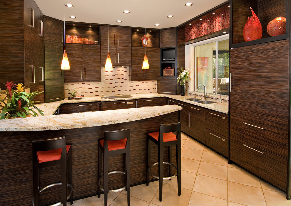 Trendy u-shaped kitchen photo in Phoenix with a double-bowl sink, flat-panel cabinets, dark wood cabinets, multicolored backsplash and paneled appliances