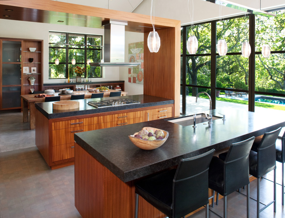 Идея дизайна: кухня в современном стиле с обеденным столом, одинарной мойкой, плоскими фасадами, фасадами цвета дерева среднего тона и барной стойкой