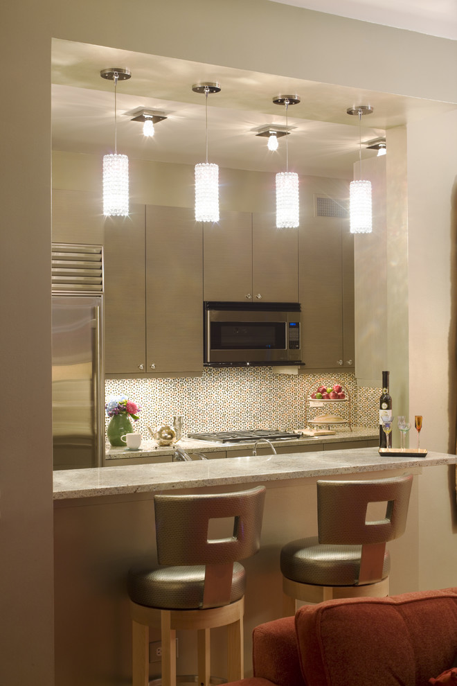 Example of a small trendy galley light wood floor enclosed kitchen design in Chicago with an undermount sink, flat-panel cabinets, medium tone wood cabinets, granite countertops, multicolored backsplash, mosaic tile backsplash, stainless steel appliances and no island