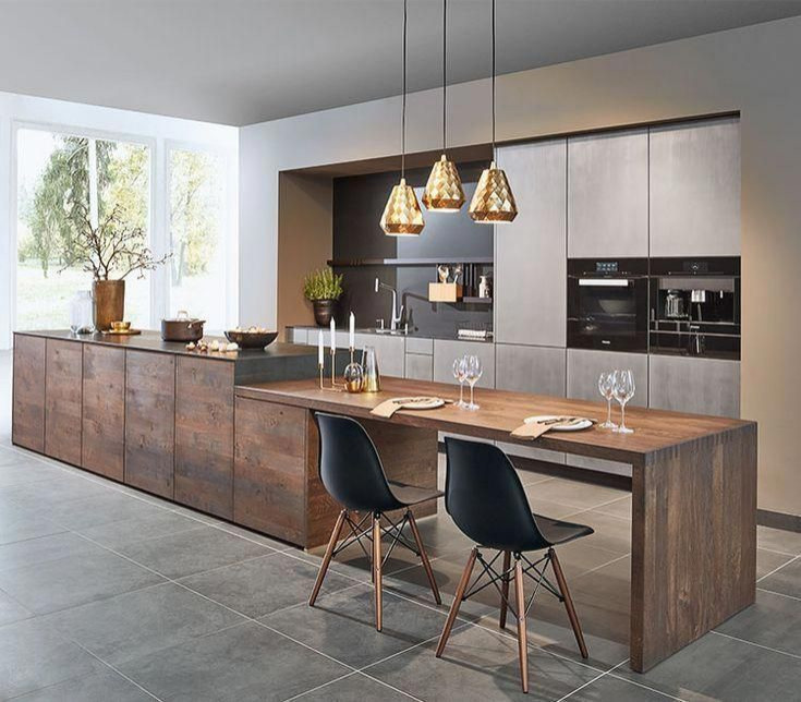 Example of a large trendy galley ceramic tile and gray floor open concept kitchen design in Columbus with an undermount sink, flat-panel cabinets, gray cabinets, gray backsplash, gray countertops, quartzite countertops, stone slab backsplash, black appliances and an island