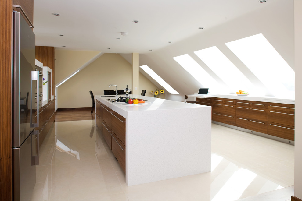 Contemporary galley kitchen in Other with flat-panel cabinets, dark wood cabinets and white floors.