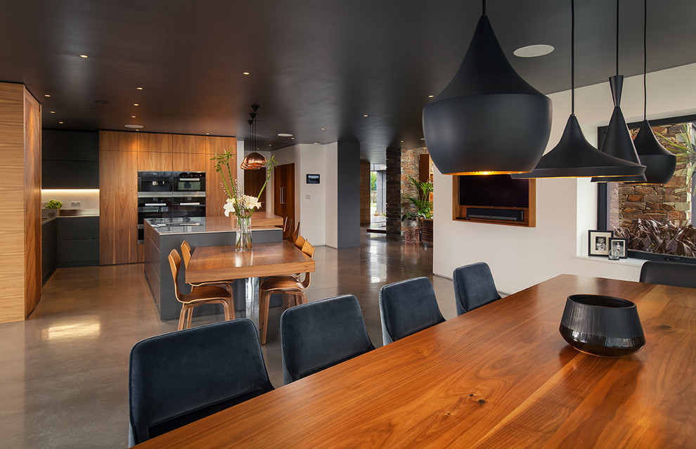 Immagine di una grande cucina design con ante lisce, ante in legno scuro, top in acciaio inossidabile, elettrodomestici da incasso, pavimento in cemento e pavimento grigio