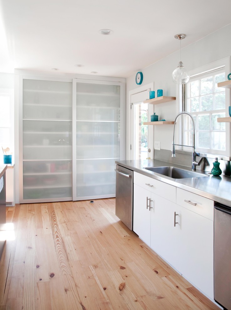 Inspiration for a contemporary kitchen remodel in Other with an integrated sink, stainless steel countertops, flat-panel cabinets, white cabinets, metallic backsplash, metal backsplash and stainless steel appliances