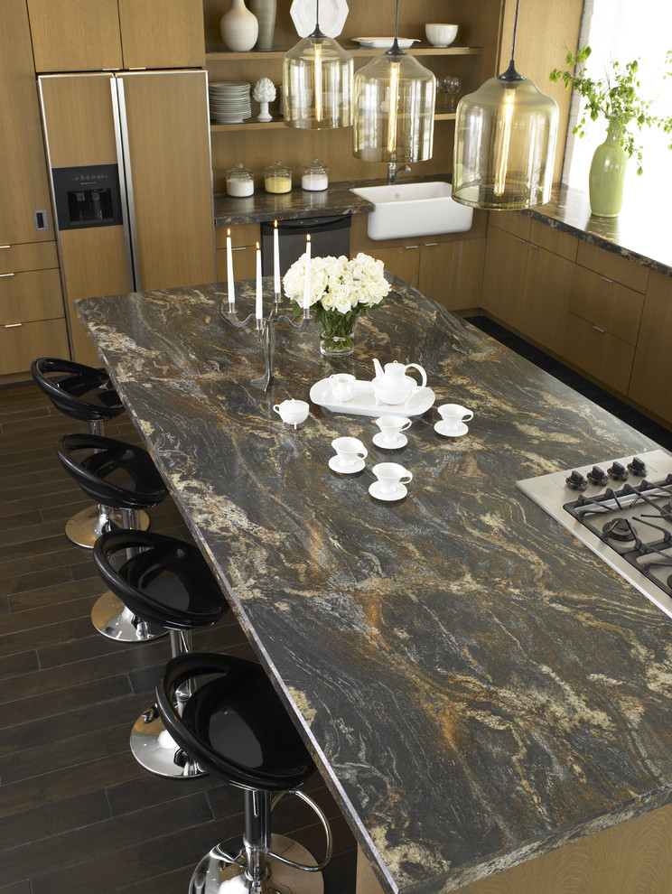 Trendy kitchen photo in Cincinnati with a farmhouse sink, flat-panel cabinets and light wood cabinets