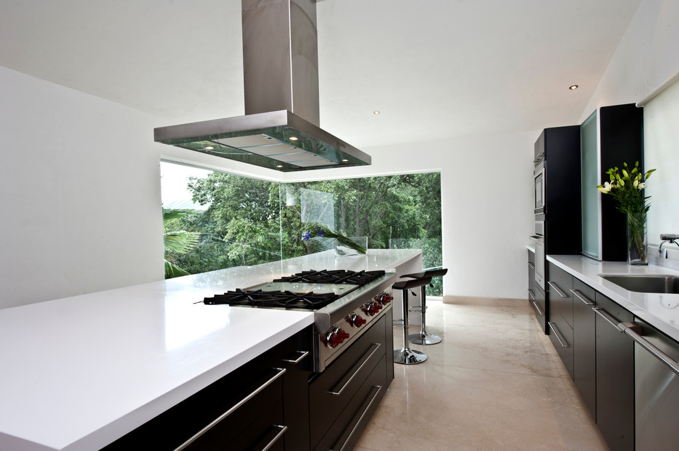 На фото: параллельная, отдельная кухня в современном стиле с врезной мойкой, плоскими фасадами и темными деревянными фасадами с