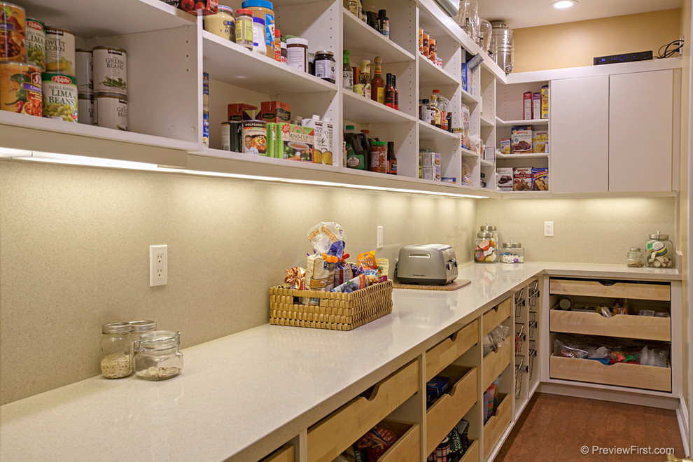 Medium sized contemporary l-shaped kitchen pantry in San Diego with beige splashback, cork flooring, open cabinets and engineered stone countertops.