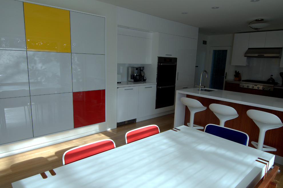 Foto di una cucina abitabile design di medie dimensioni con lavello integrato, elettrodomestici in acciaio inossidabile e pavimento in legno massello medio