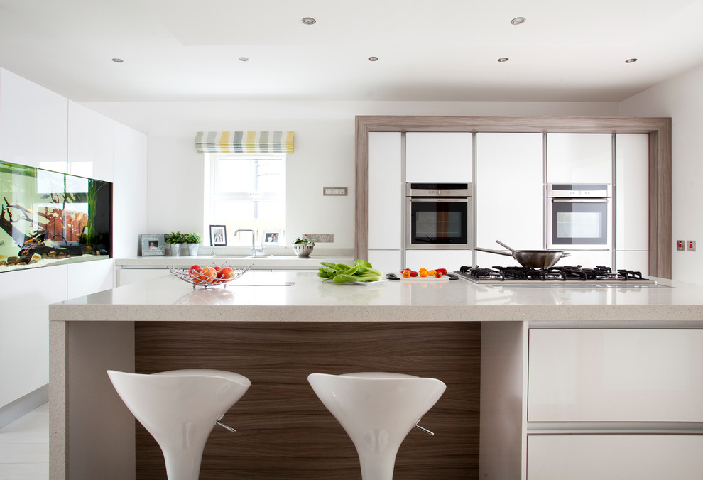 Moderne Küche mit flächenbündigen Schrankfronten, weißen Schränken und Küchengeräten aus Edelstahl in Sonstige