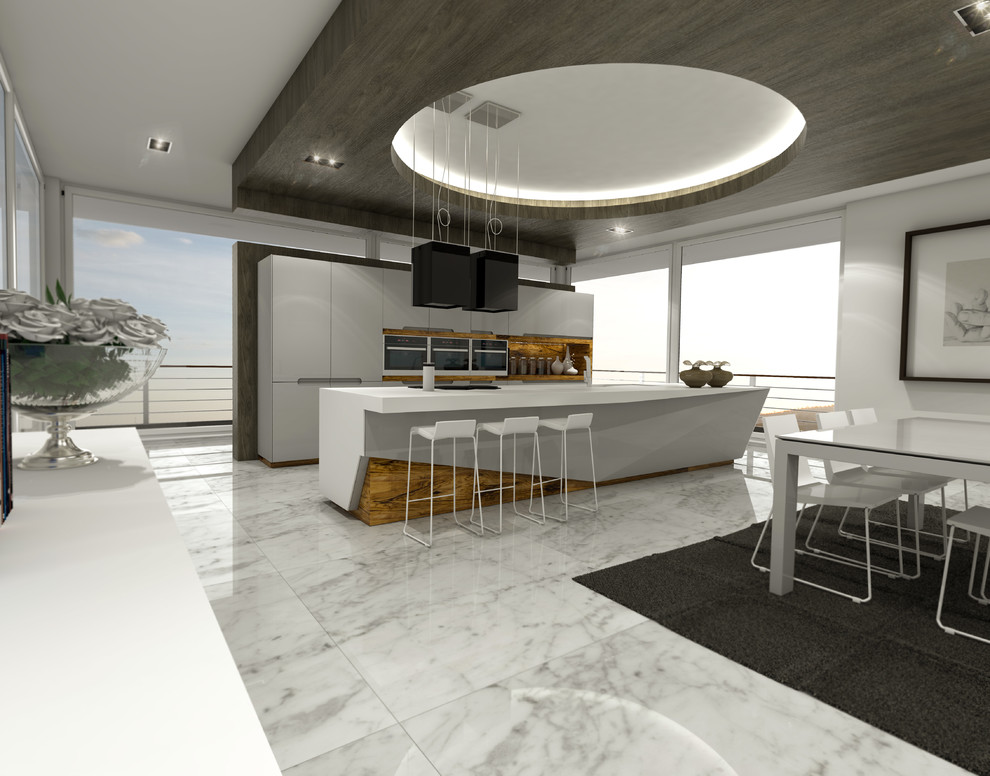 Esempio di una grande cucina design con ante bianche e pavimento in marmo