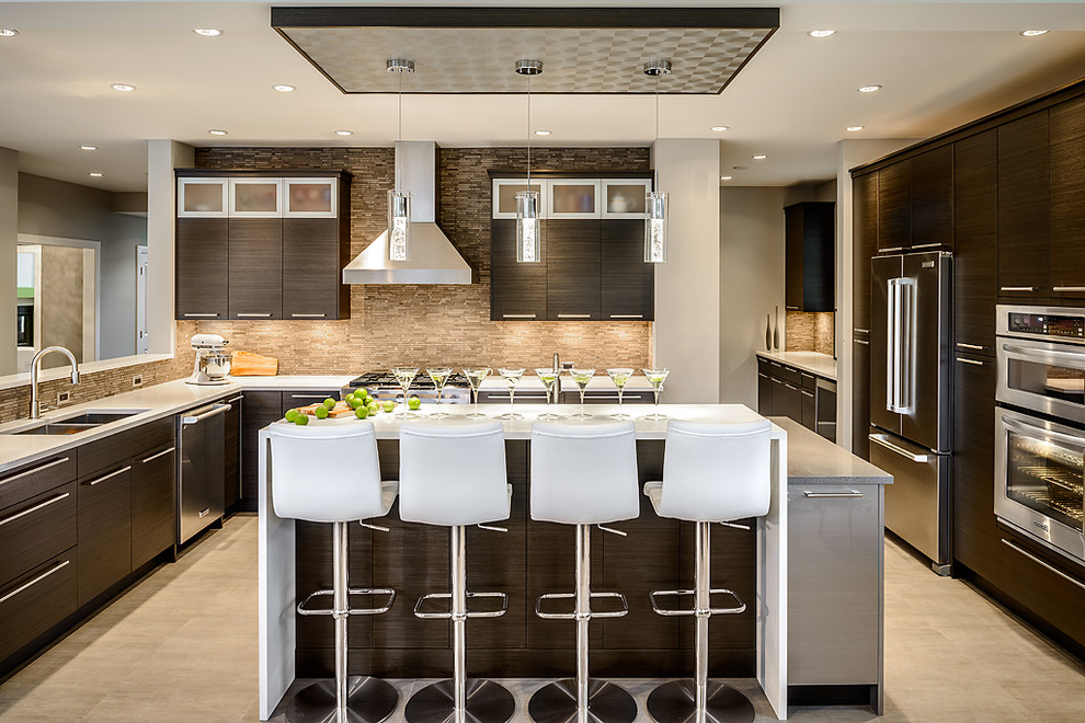 Design ideas for a contemporary l-shaped kitchen in Vancouver with a double-bowl sink, flat-panel cabinets, dark wood cabinets, brown splashback, stainless steel appliances and matchstick tiled splashback.