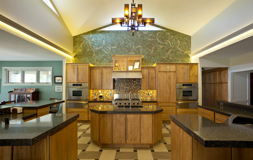 Inspiration for a large contemporary u-shaped porcelain tile open concept kitchen remodel in Chicago with flat-panel cabinets, medium tone wood cabinets, multicolored backsplash, mosaic tile backsplash, stainless steel appliances, a single-bowl sink, granite countertops and two islands