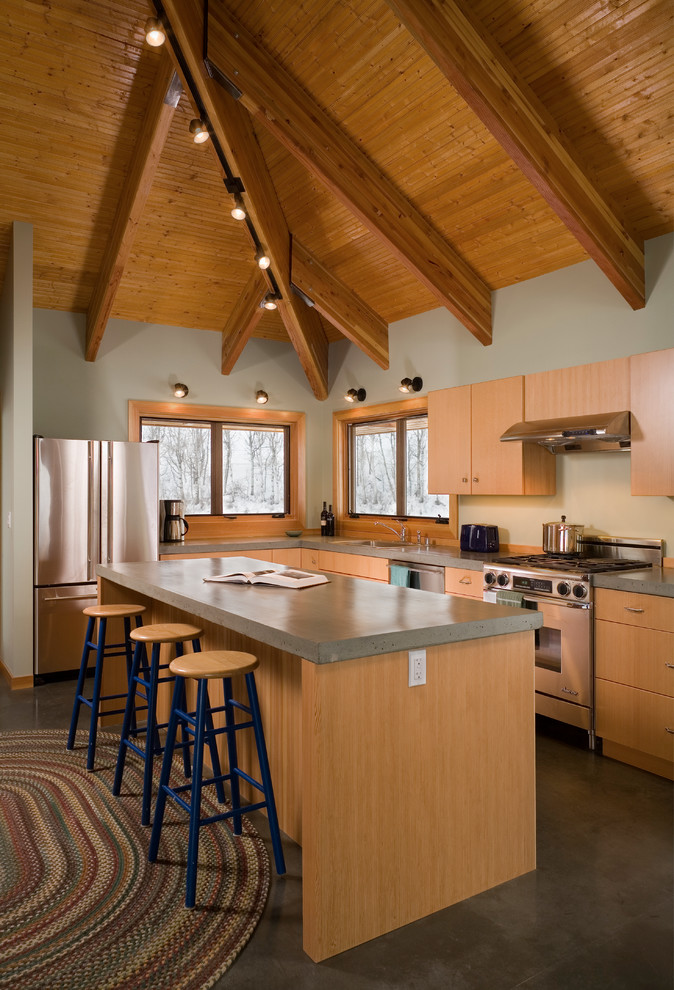 シアトルにあるコンテンポラリースタイルのおしゃれなキッチン (コンクリートカウンター、シルバーの調理設備、フラットパネル扉のキャビネット、中間色木目調キャビネット) の写真