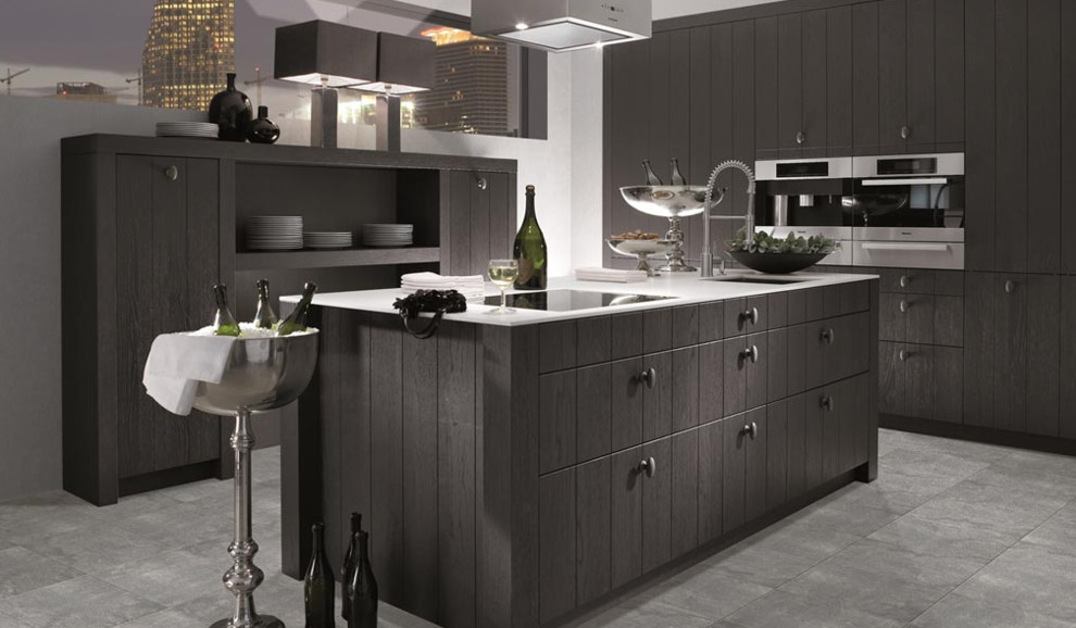 Eat-in kitchen - large contemporary l-shaped ceramic tile eat-in kitchen idea in Toronto with an undermount sink, flat-panel cabinets, gray cabinets, solid surface countertops, stainless steel appliances and an island