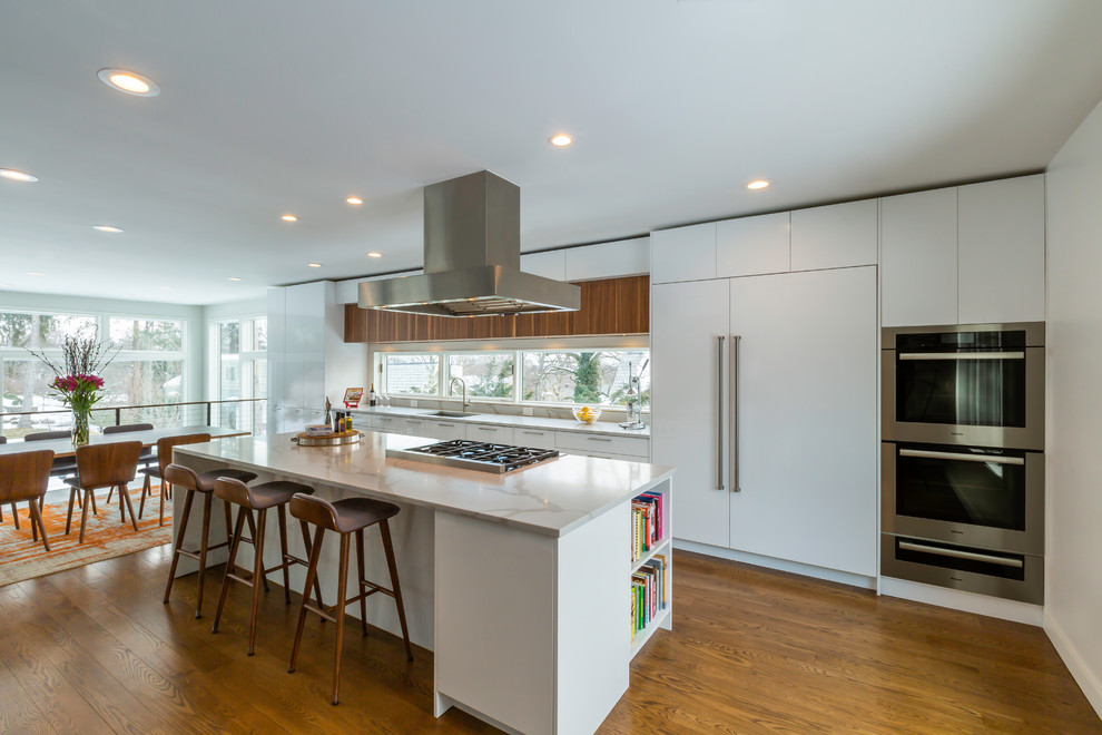 Inspiration for a contemporary galley dark wood floor and brown floor kitchen remodel in New York with an undermount sink, flat-panel cabinets, white cabinets, window backsplash, stainless steel appliances, an island and gray countertops