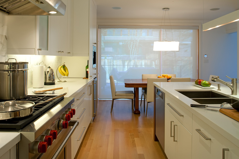 Example of a trendy eat-in kitchen design in Toronto with stainless steel appliances, a double-bowl sink, flat-panel cabinets and white cabinets