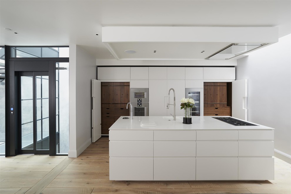 Cette image montre une cuisine ouverte design avec des portes de placard blanches, îlot, un électroménager en acier inoxydable et parquet clair.