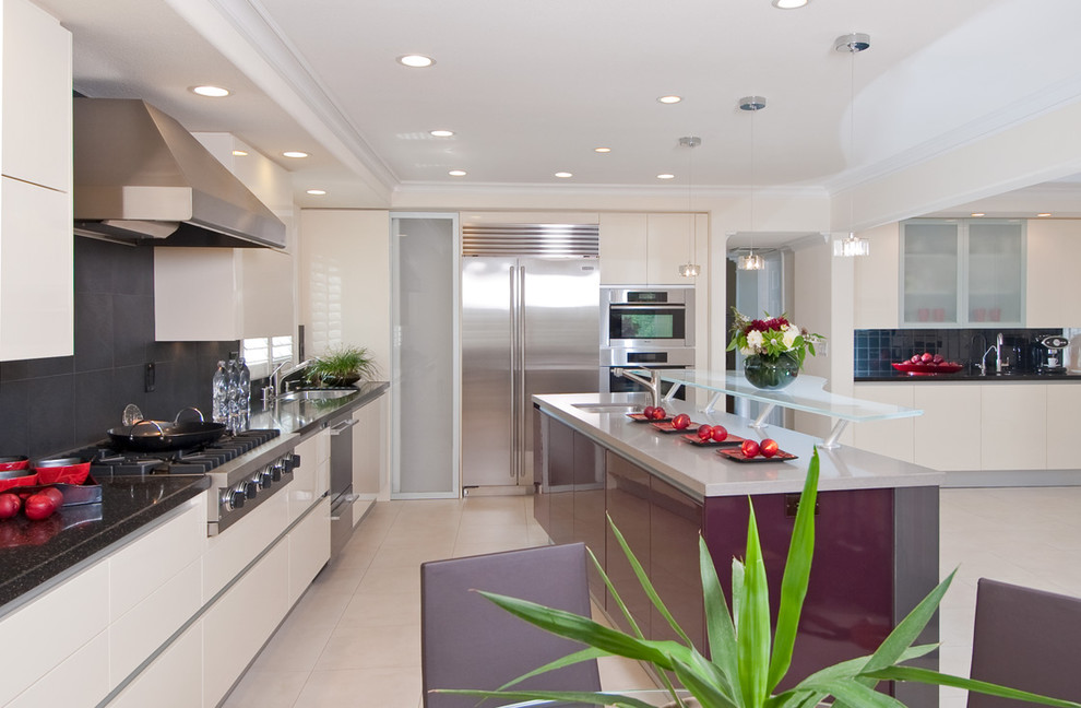 Kitchen - contemporary kitchen idea in Other with flat-panel cabinets, stainless steel appliances, an undermount sink, white cabinets, black backsplash and glass countertops