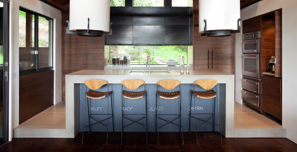 Zweizeilige Moderne Küchenbar mit Unterbauwaschbecken, flächenbündigen Schrankfronten, dunklen Holzschränken und Küchengeräten aus Edelstahl in Sonstige