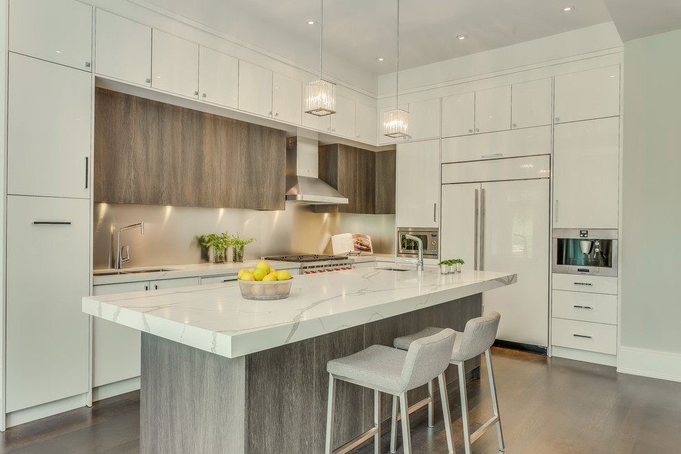Example of a trendy l-shaped dark wood floor and brown floor kitchen design in Toronto with an undermount sink, flat-panel cabinets, white cabinets, metallic backsplash, paneled appliances and an island