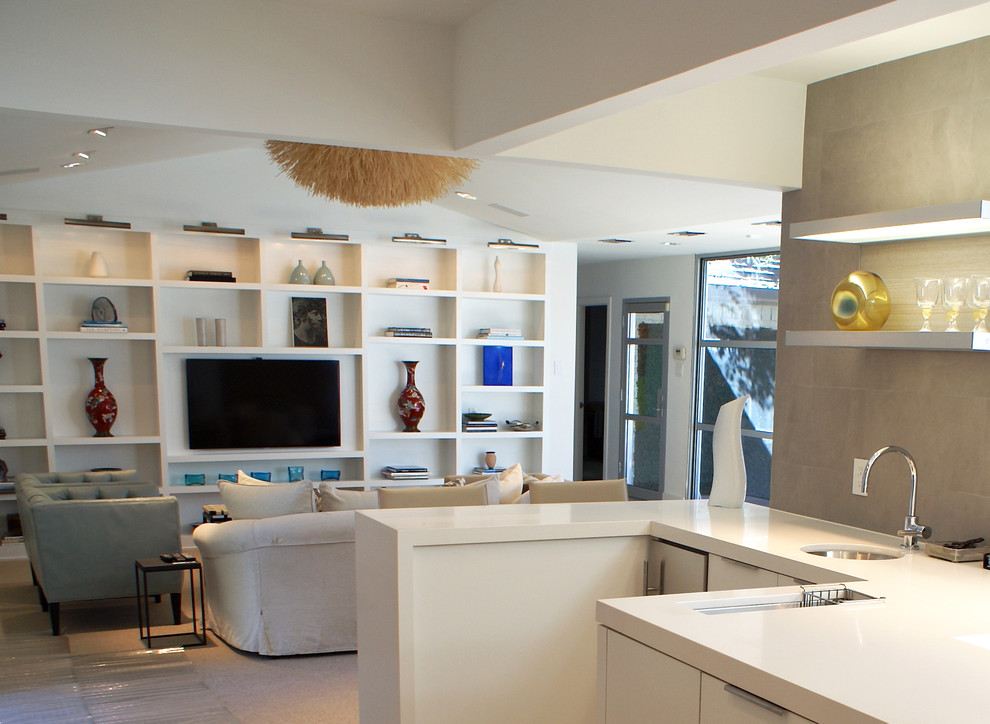 Contemporary open plan kitchen in Dallas with flat-panel cabinets and white cabinets.