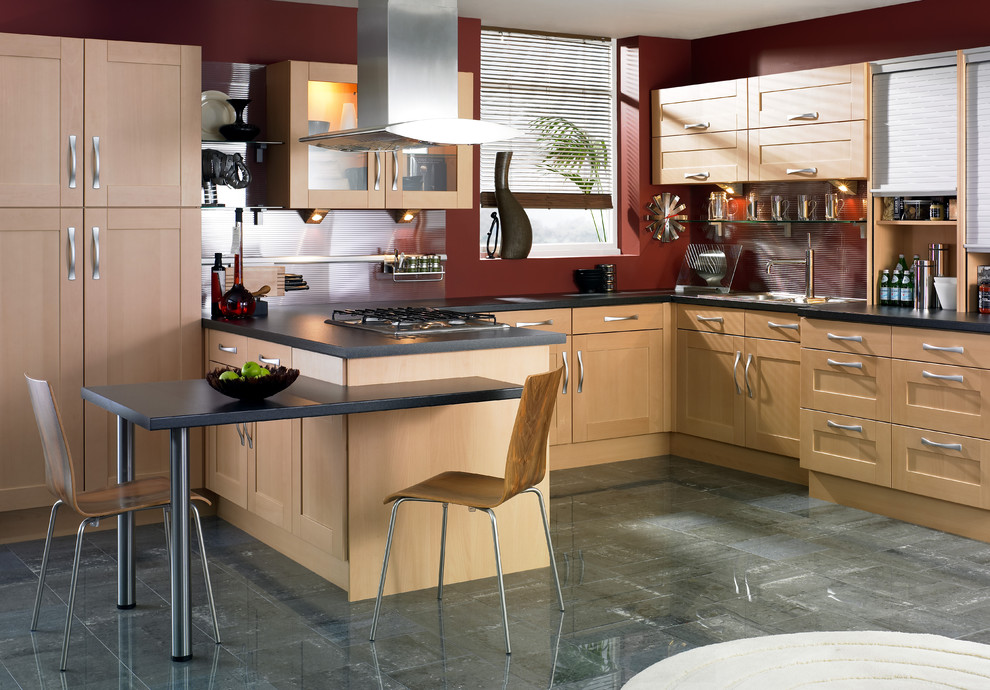 Inspiration for a contemporary kitchen remodel in Other with shaker cabinets, light wood cabinets, red backsplash and glass sheet backsplash