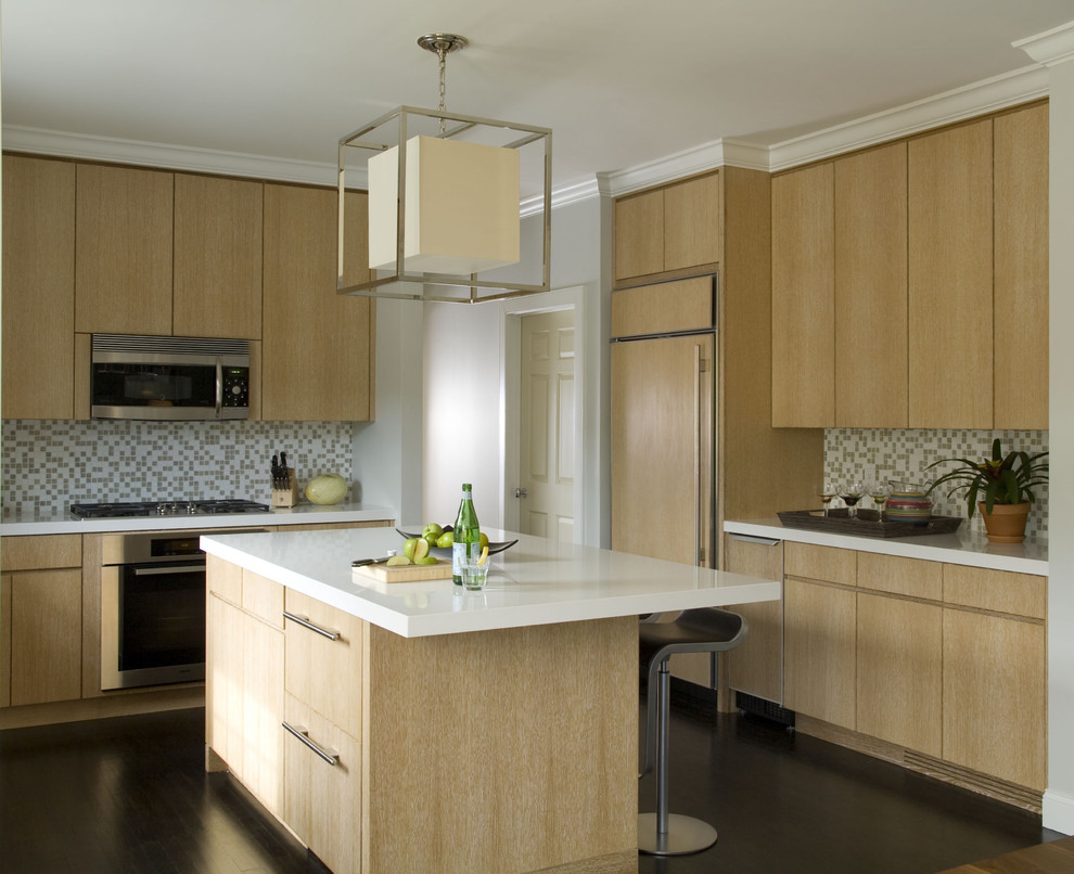 Inspiration for a contemporary kitchen in New York with flat-panel cabinets and light wood cabinets.