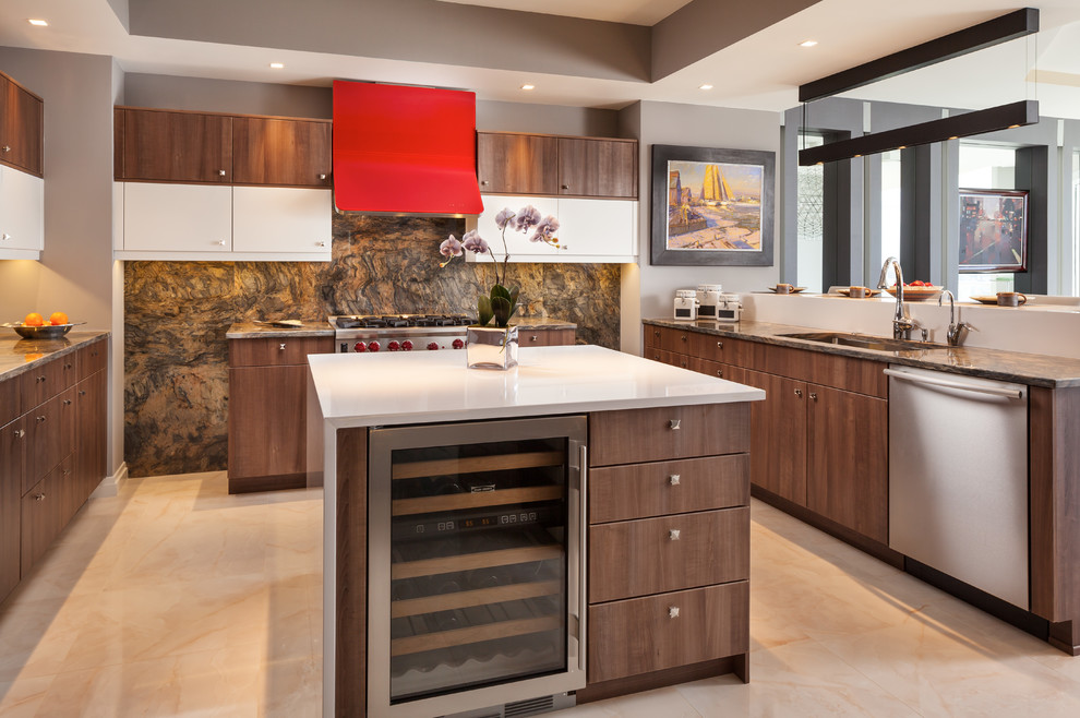 Large contemporary u-shaped kitchen/diner in Miami with a submerged sink, flat-panel cabinets, medium wood cabinets, granite worktops, stone slab splashback, stainless steel appliances, marble flooring, an island and beige floors.