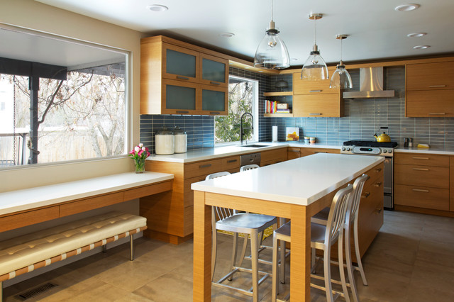 Contemporary Kitchen With Blue Backsplash Contemporary Kitchen