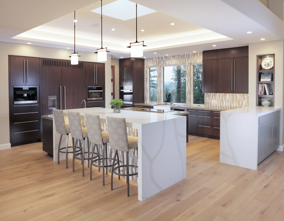 Contemporary Kitchen with Marble Top Bar & Dark FlatPanel