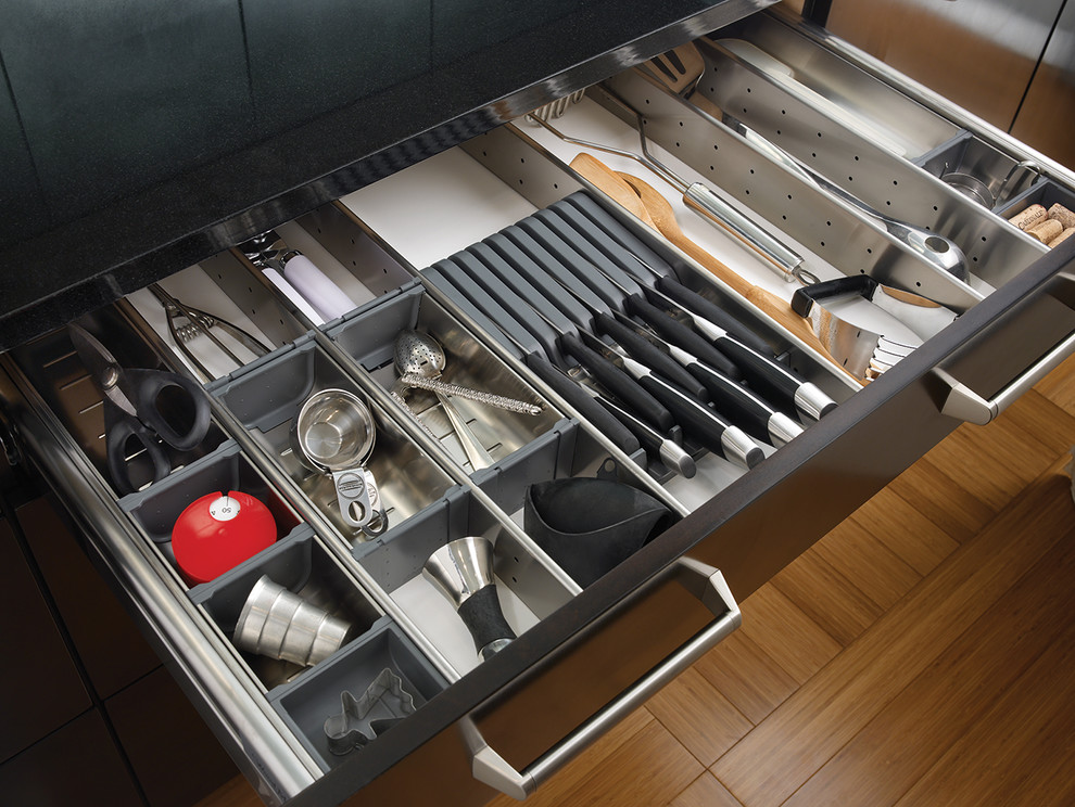 Kitchen - contemporary kitchen idea in Other with flat-panel cabinets and black cabinets