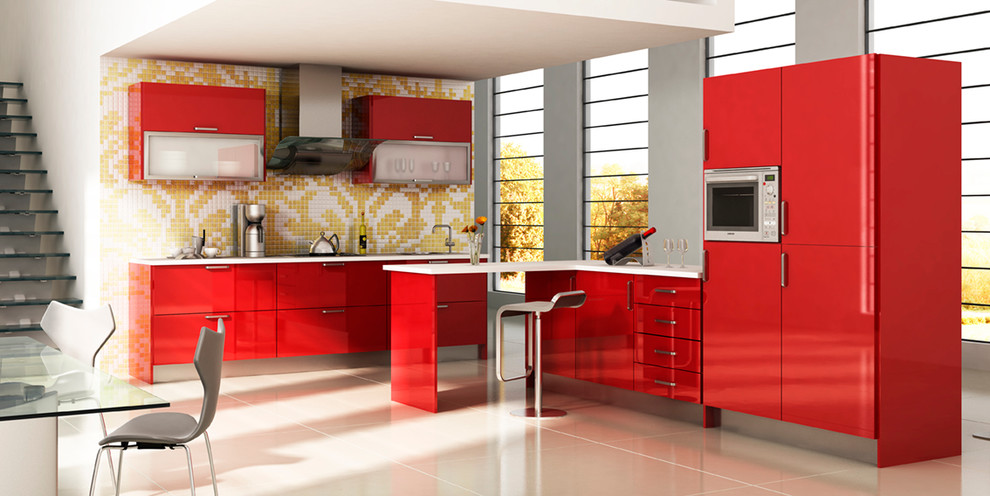 Design ideas for a small contemporary l-shaped kitchen/diner in Miami with a submerged sink, flat-panel cabinets, red cabinets, mosaic tiled splashback, stainless steel appliances, porcelain flooring, a breakfast bar, quartz worktops, yellow splashback and beige floors.