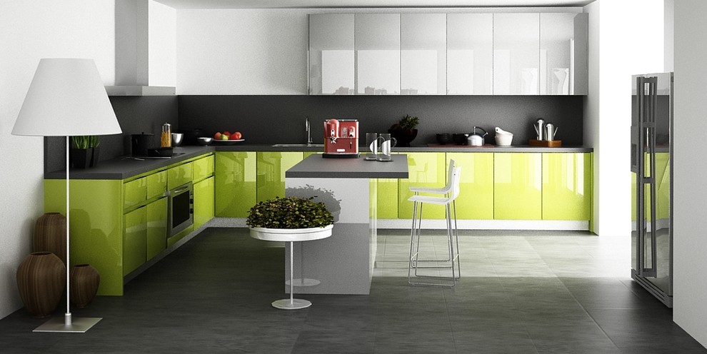 Eat-in kitchen - large contemporary l-shaped porcelain tile and gray floor eat-in kitchen idea in Miami with an undermount sink, flat-panel cabinets, white cabinets, quartzite countertops, black backsplash, stone slab backsplash, stainless steel appliances and an island