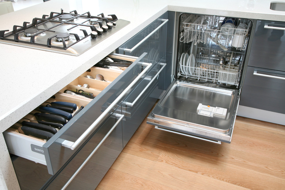 Foto di una cucina minimal di medie dimensioni con lavello integrato, ante lisce, ante grigie, elettrodomestici da incasso e parquet chiaro