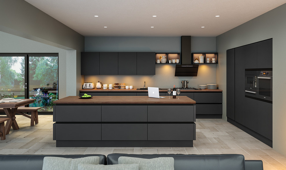 Design ideas for a contemporary open plan kitchen in Other with a built-in sink, flat-panel cabinets, black cabinets, wood worktops, stainless steel appliances, an island, grey floors and brown worktops.