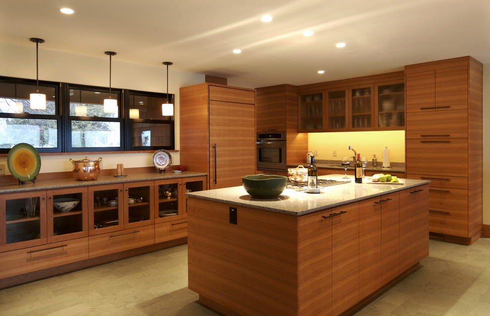 Diseño de cocina contemporánea con puertas de armario de madera oscura y electrodomésticos con paneles
