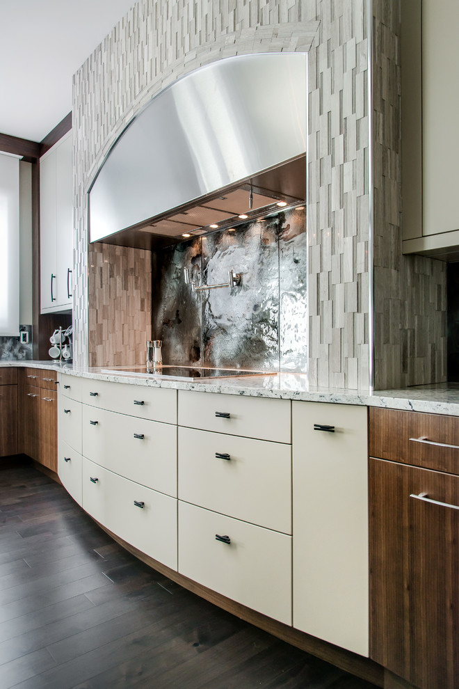Ejemplo de cocina contemporánea con armarios con paneles lisos, salpicadero metalizado, suelo de madera oscura, fregadero bajoencimera, encimera de granito, electrodomésticos con paneles y una isla