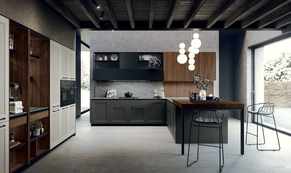 Design ideas for a large traditional l-shaped kitchen pantry in San Francisco with a built-in sink, shaker cabinets, dark wood cabinets, marble worktops, black appliances, concrete flooring, grey floors and multicoloured worktops.