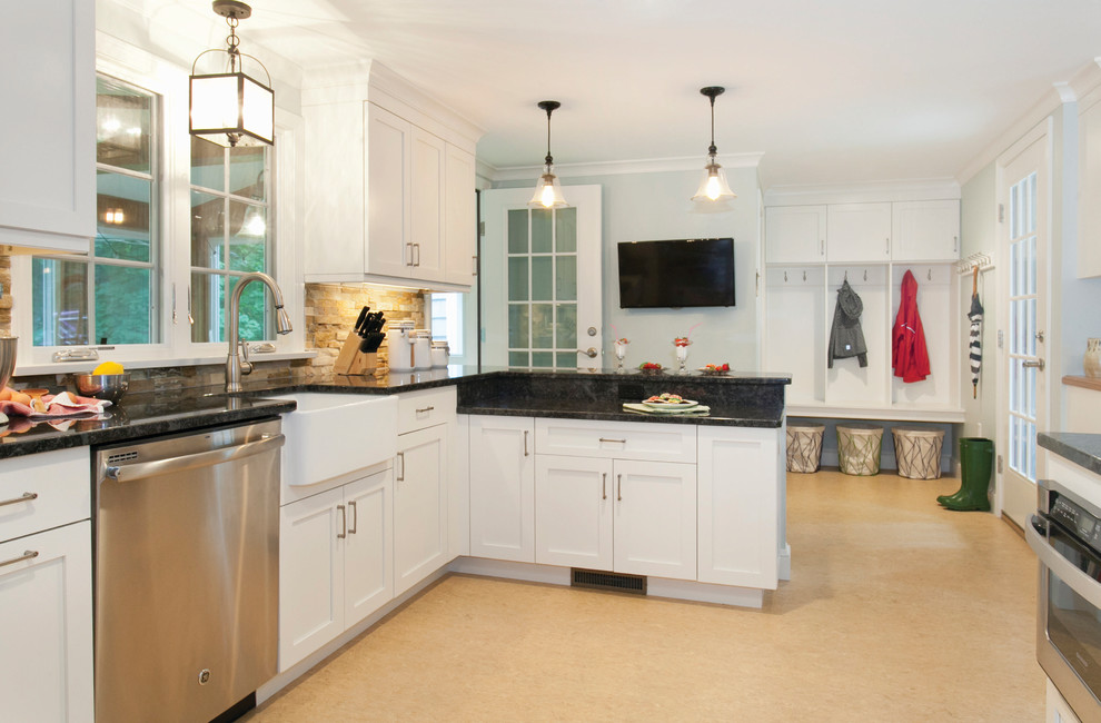 Inspiration for a mid-sized timeless galley beige floor eat-in kitchen remodel in Raleigh with raised-panel cabinets, white cabinets, granite countertops, multicolored backsplash, stone slab backsplash, stainless steel appliances and a farmhouse sink