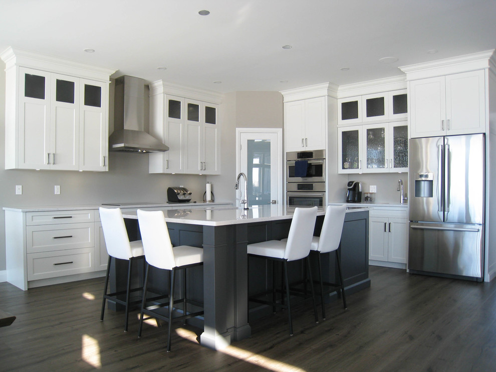 Bild på ett funkis kök, med en dubbel diskho, skåp i shakerstil, grå skåp, bänkskiva i kvarts, rostfria vitvaror, vinylgolv och en köksö