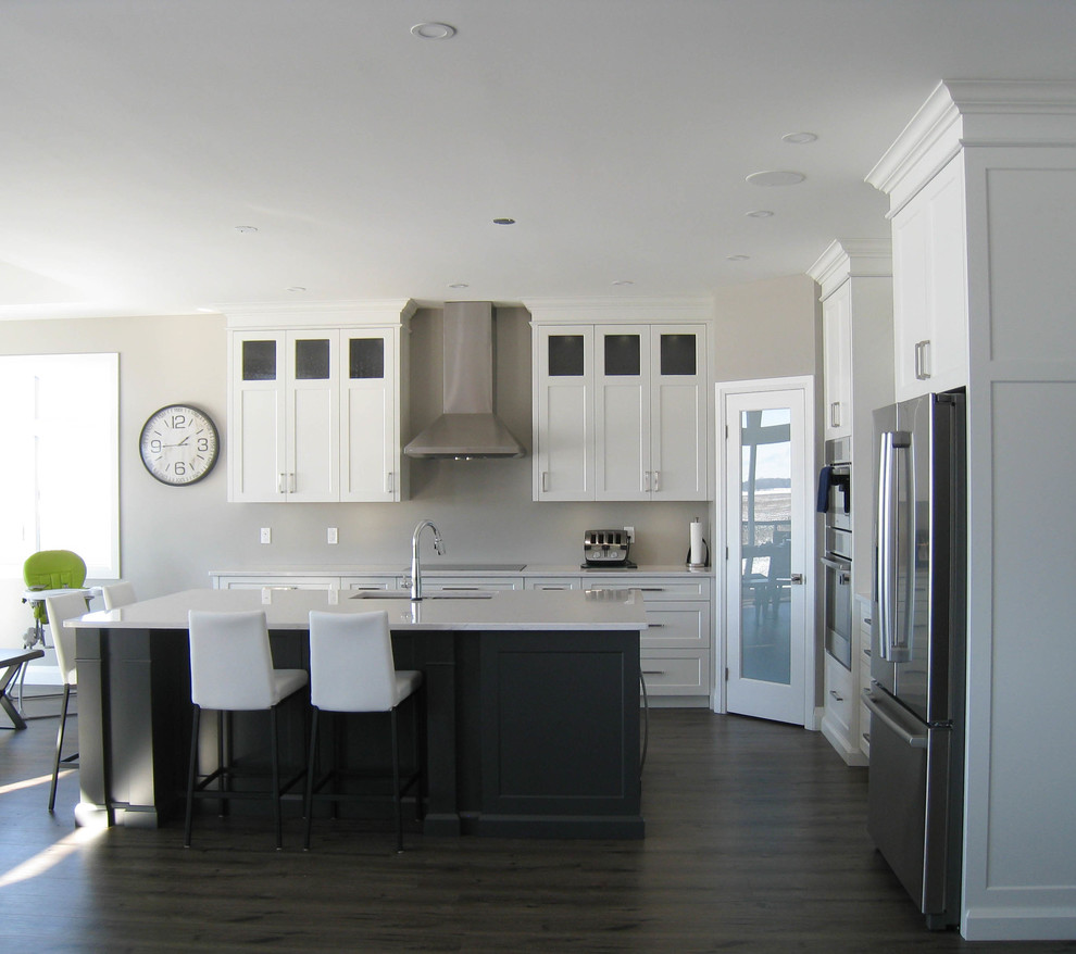 Modern inredning av ett kök, med en dubbel diskho, skåp i shakerstil, grå skåp, bänkskiva i kvarts, rostfria vitvaror, vinylgolv och en köksö