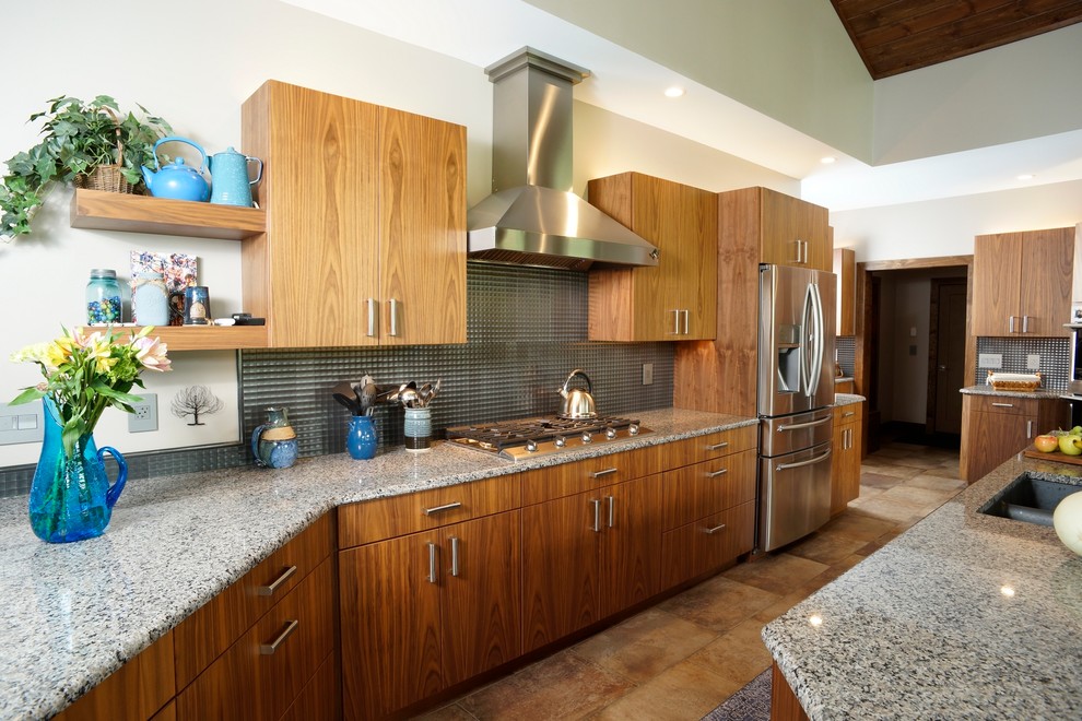 Open concept kitchen - large contemporary galley porcelain tile and multicolored floor open concept kitchen idea in Philadelphia with an undermount sink, flat-panel cabinets, medium tone wood cabinets, granite countertops, gray backsplash, mosaic tile backsplash, stainless steel appliances, an island and multicolored countertops