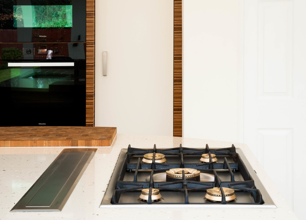 Foto di una grande cucina contemporanea con lavello integrato, ante lisce, ante bianche, top in quarzite, paraspruzzi con lastra di vetro e elettrodomestici in acciaio inossidabile