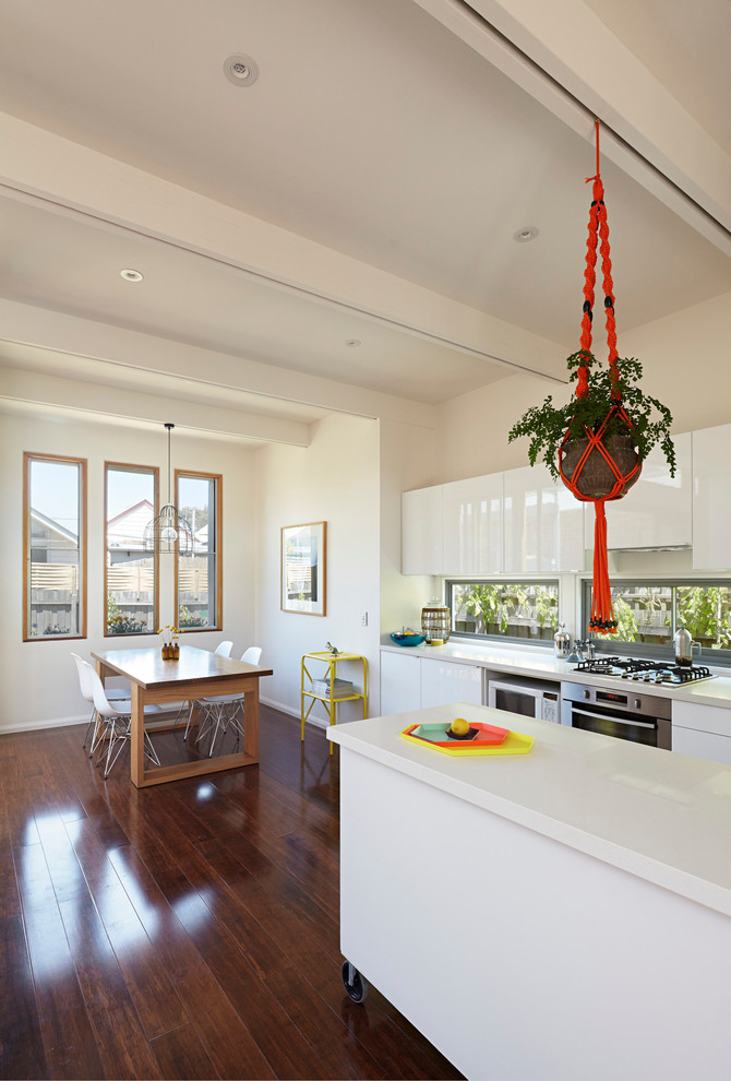 Ejemplo de cocina comedor contemporánea con armarios con paneles lisos, puertas de armario blancas, suelo de madera oscura y una isla