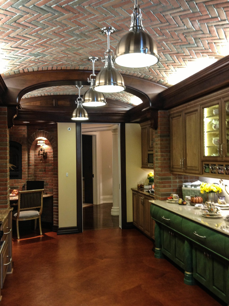 На фото: параллельная кухня в стиле лофт с кладовкой, стеклянными фасадами, гранитной столешницей, разноцветным фартуком, фартуком из плитки мозаики и техникой из нержавеющей стали с