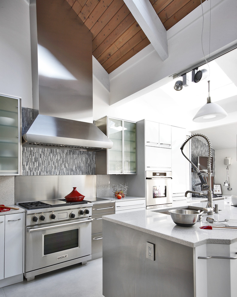 ボルチモアにあるコンテンポラリースタイルのおしゃれなキッチン (ガラス扉のキャビネット、白いキャビネット、グレーのキッチンパネル、シルバーの調理設備、ステンレスのキッチンパネル) の写真