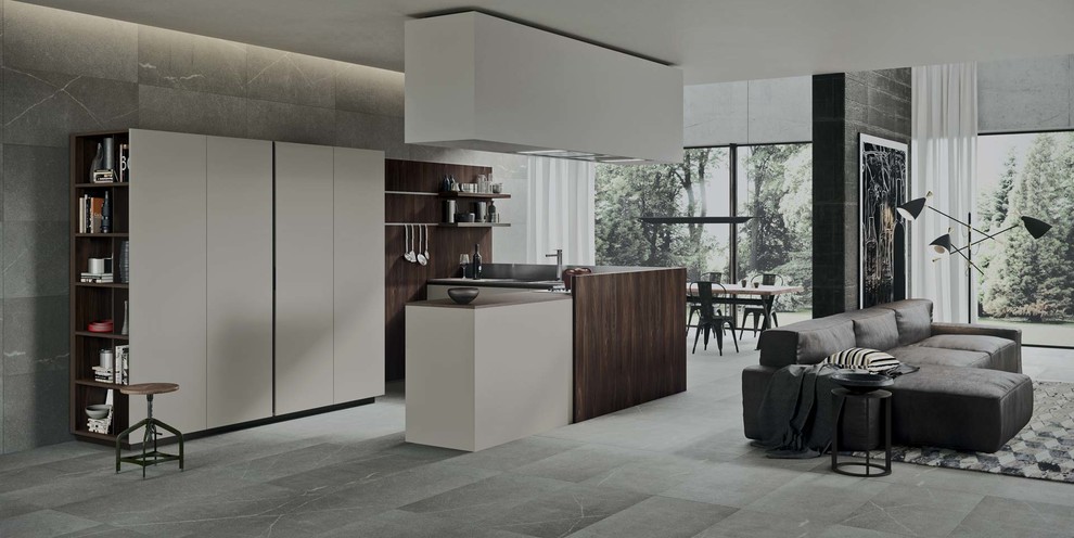 Mid-sized minimalist l-shaped porcelain tile open concept kitchen photo in New York with an undermount sink, flat-panel cabinets, dark wood cabinets, solid surface countertops, stainless steel appliances and an island