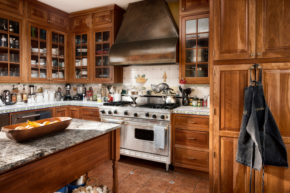 Foto de cocina tradicional con armarios con paneles con relieve, puertas de armario de madera oscura, salpicadero multicolor y electrodomésticos de acero inoxidable