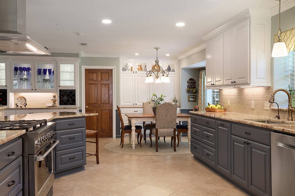 Mid-sized elegant galley porcelain tile and beige floor open concept kitchen photo in New Orleans with a double-bowl sink, raised-panel cabinets, gray cabinets, granite countertops, porcelain backsplash, stainless steel appliances, no island, multicolored countertops and beige backsplash