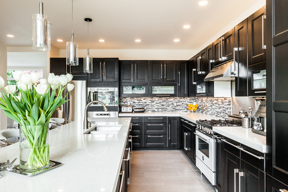 シアトルにある高級な広いコンテンポラリースタイルのおしゃれなキッチン (落し込みパネル扉のキャビネット、黒いキャビネット、マルチカラーのキッチンパネル、ボーダータイルのキッチンパネル、白い調理設備) の写真